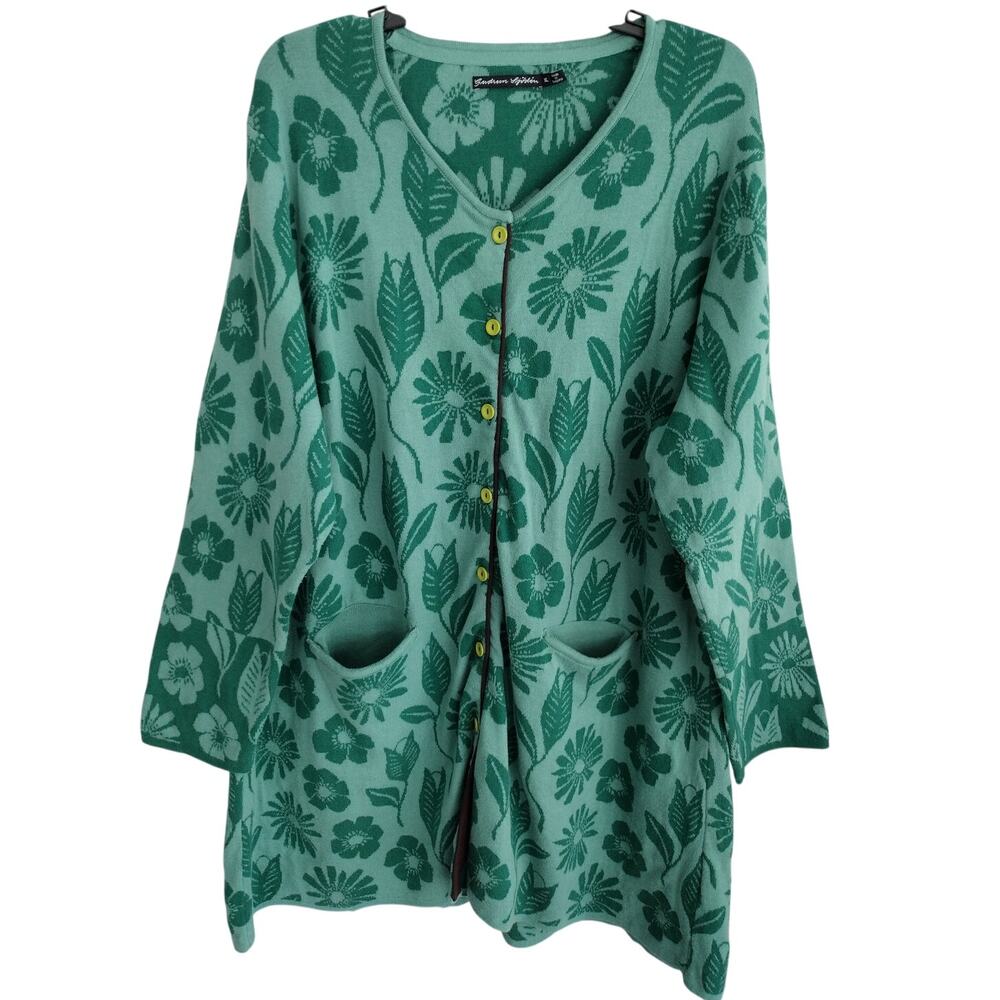Gudrun Sjoden Theia Indigo Green Long Jacquard-Knit Floral Cardigan Sweater XL